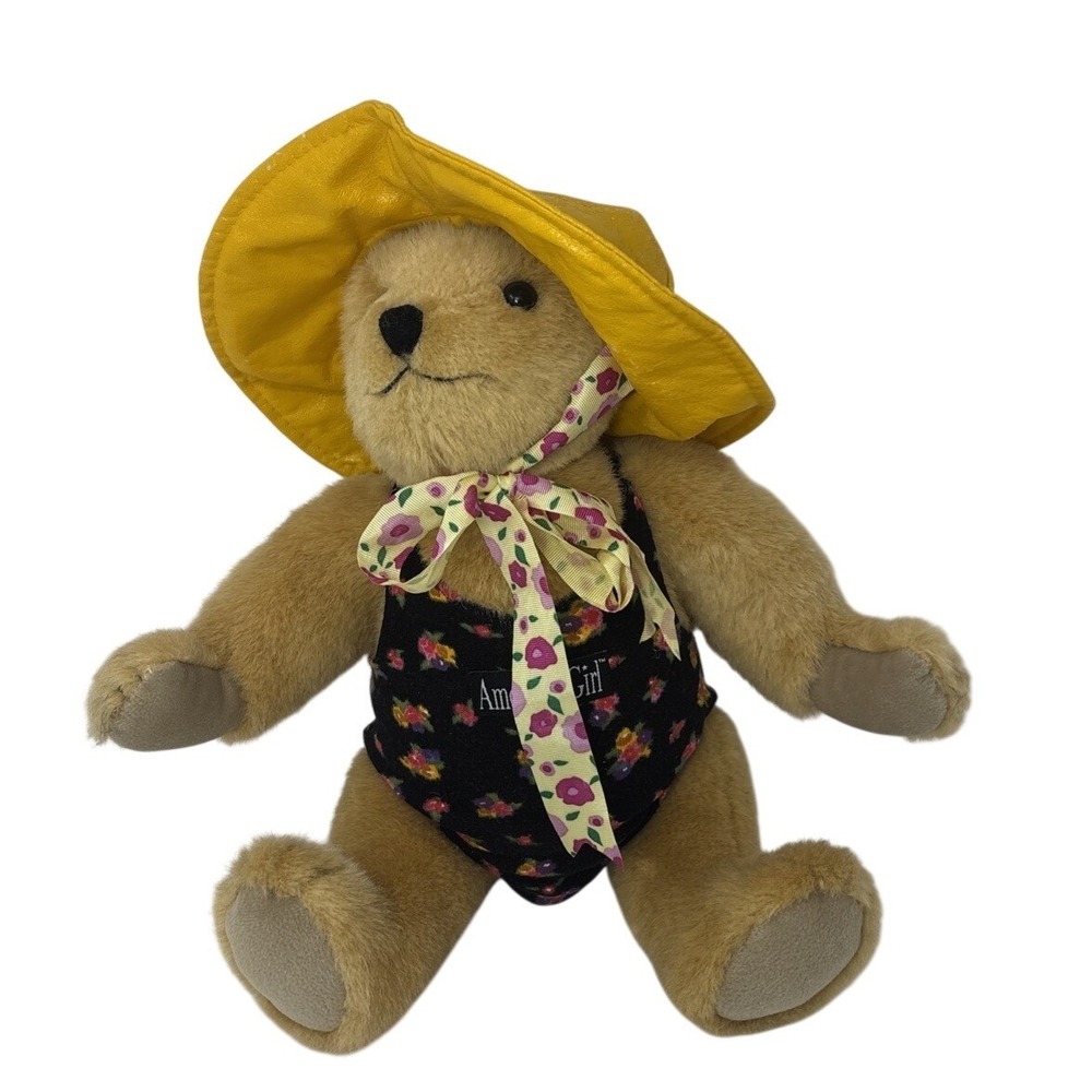 American Girl Plush Teddy Bear Vintage Floral Swimsuit Yellow Hat Tan Plush